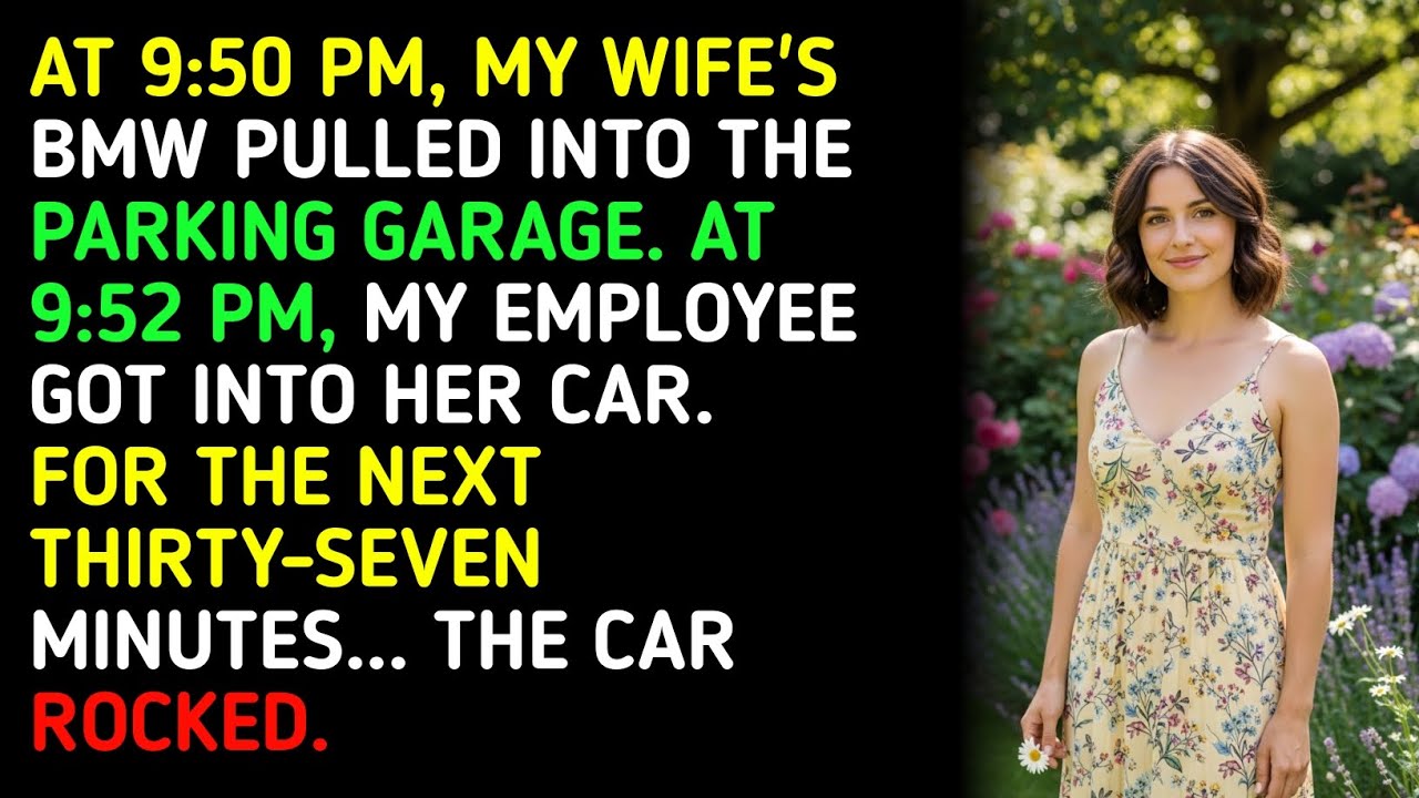 AT 9:50 PM, MY WIFE'S BMW PULLED INTO THE PARKING GARAGE. AT 9:52 PM, MY EMPLOYEE GOT INTO HER CAR.