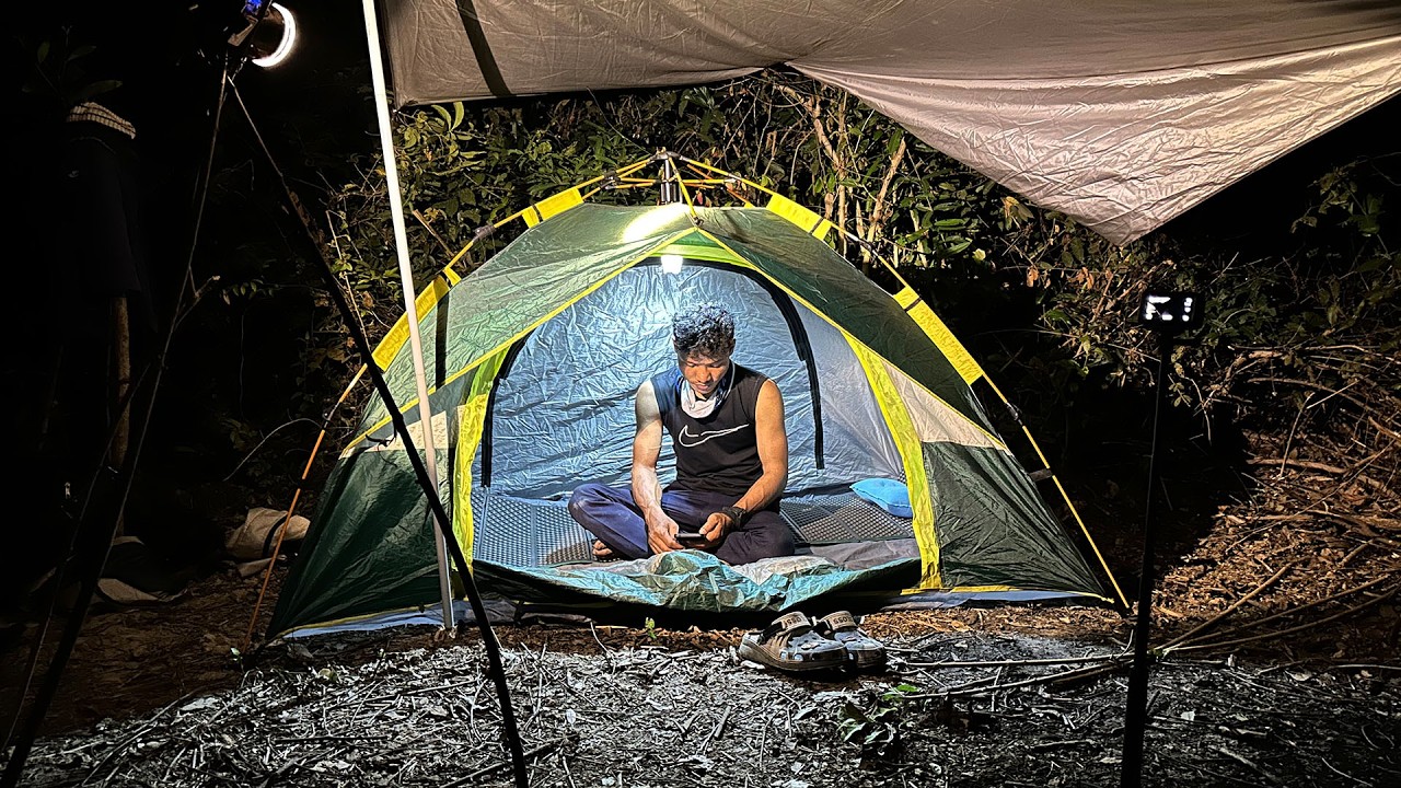 Camping fishing and cooking rice with bamboo
