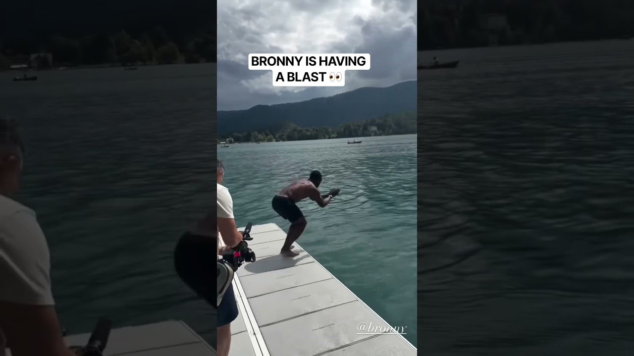 Bronny James front flipping into the lake in Slovenia 🌀 (Via jvando_/IG)