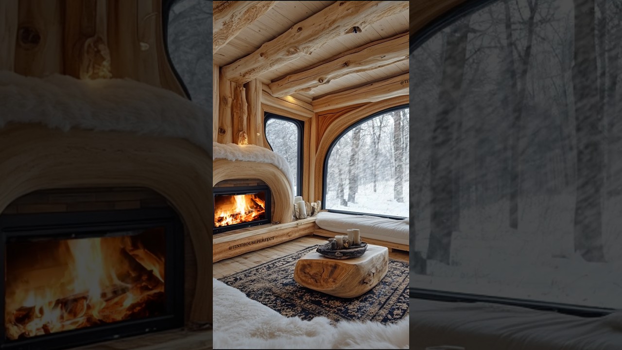 Cozy log cabin living room with fireplace and snowy forest view through large windows.