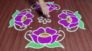 Simple Flower Rangoli Designs | 8x2 Dots Small Easy Flower Kolam | latest Muggulu With Dots