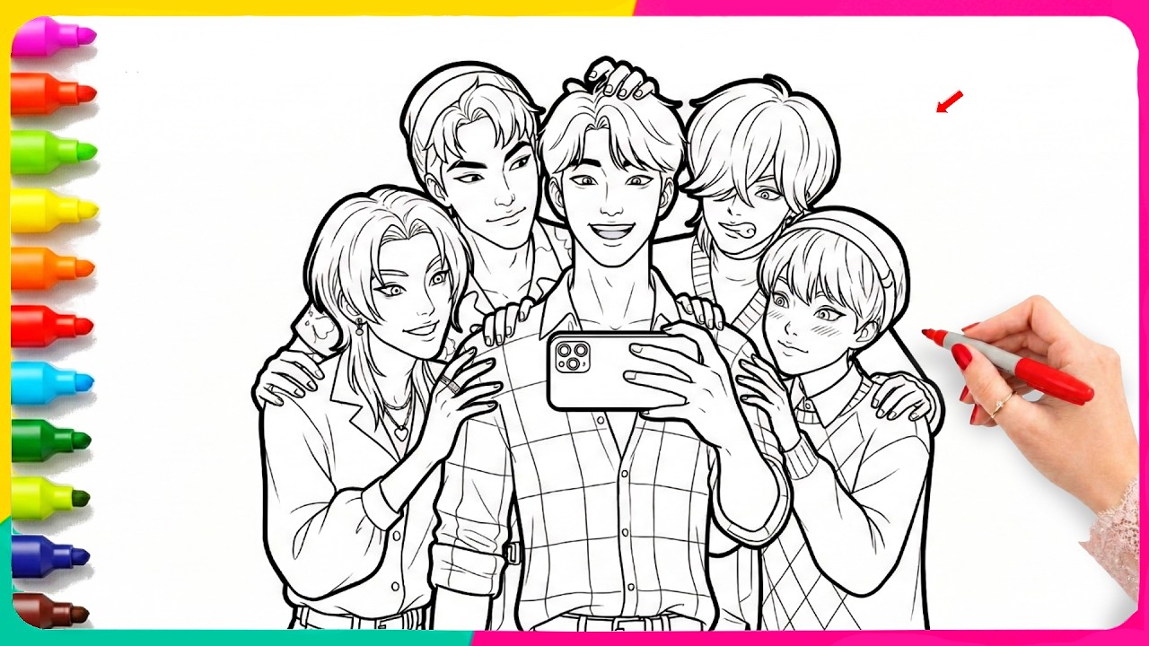 Saja Boys - Group Selfie Moment Coloring - K-Pop Demon Hunters New Coloring Pages - FanArt Coloring