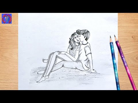 How to draw a girl and boy sitting together