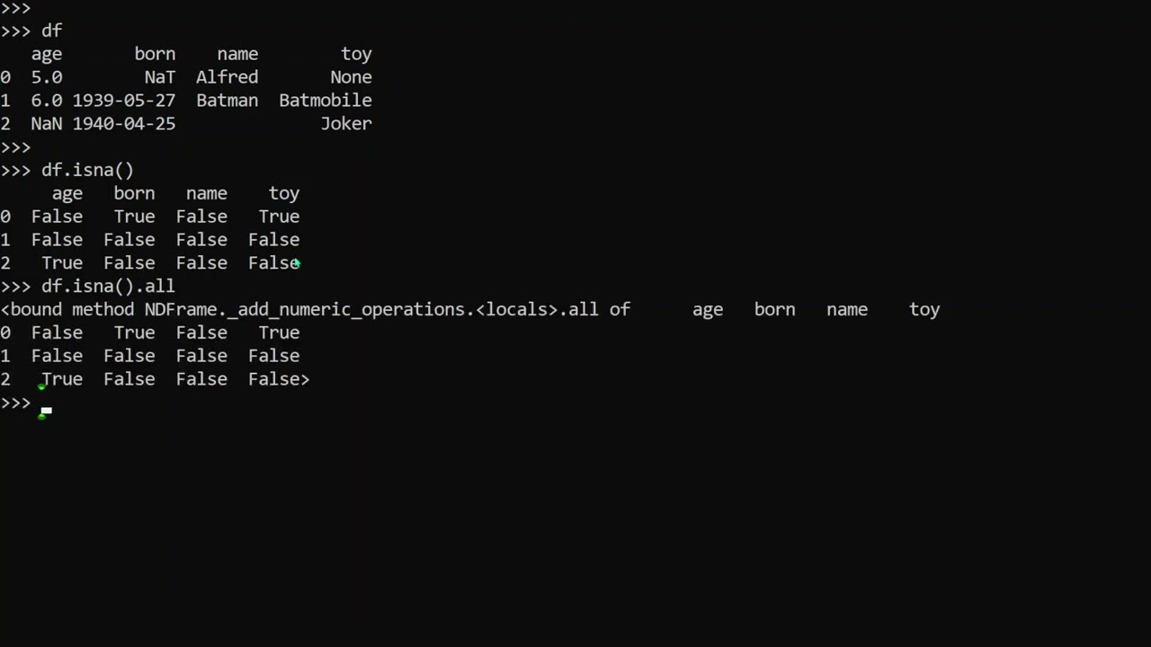 Pandas | métodos isna  ,  any  y  all  para evaluar algún valor faltante