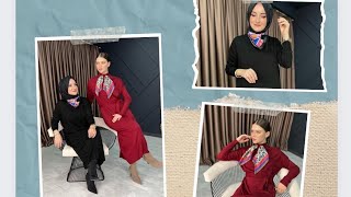 Fularlı Elbise Triko - Tesettür Giyim - Rusemoda