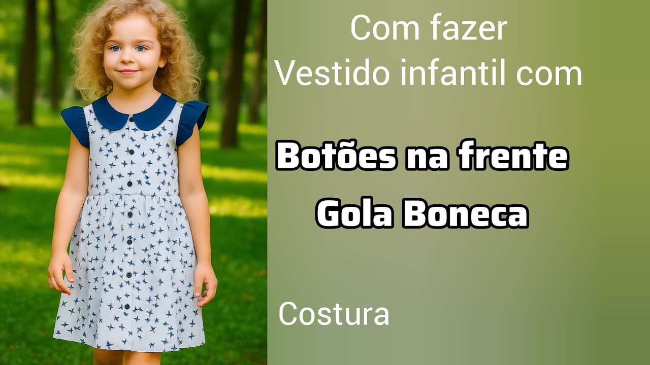 Как сшить детское платье с пуговицами спереди и кукольным воротником.