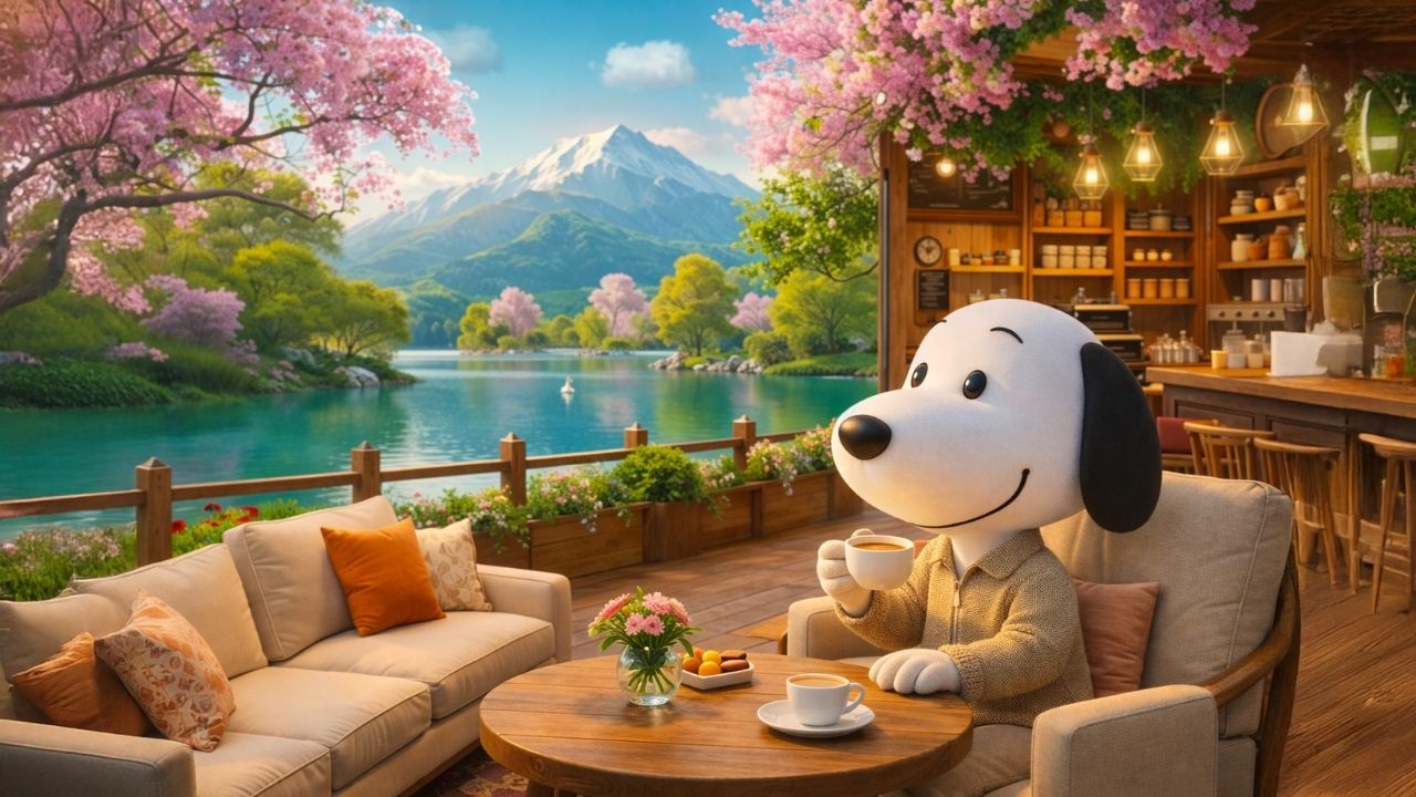 【途中広告なし】【作業用bgm】スヌーピーの元気いっぱいの春の朝の音楽🎶 湖畔の桜と合わせて聴く3月のベストソング☕ 仕事や勉強への集中力を200%アップさせるボサノバ音楽