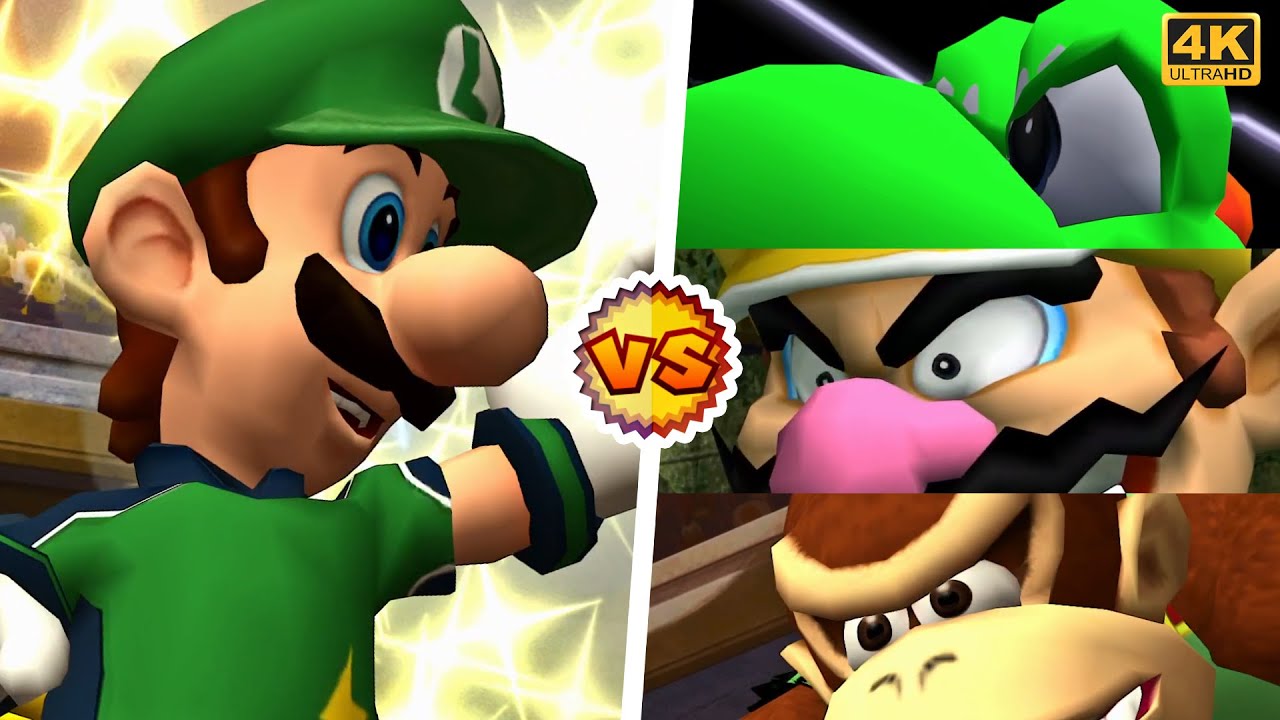 Luigi Vs. Yoshi, Donkey Kong, Wario - Super Mario Strikers | 4K
