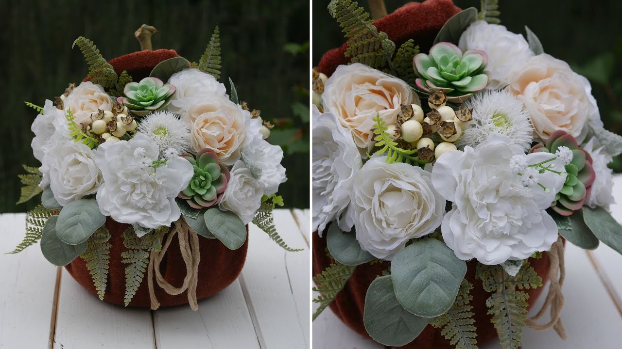 🍁🧡 Őszi bársony tök dekor virágokkal (tejfölös vödör felhasználásával) - DIY