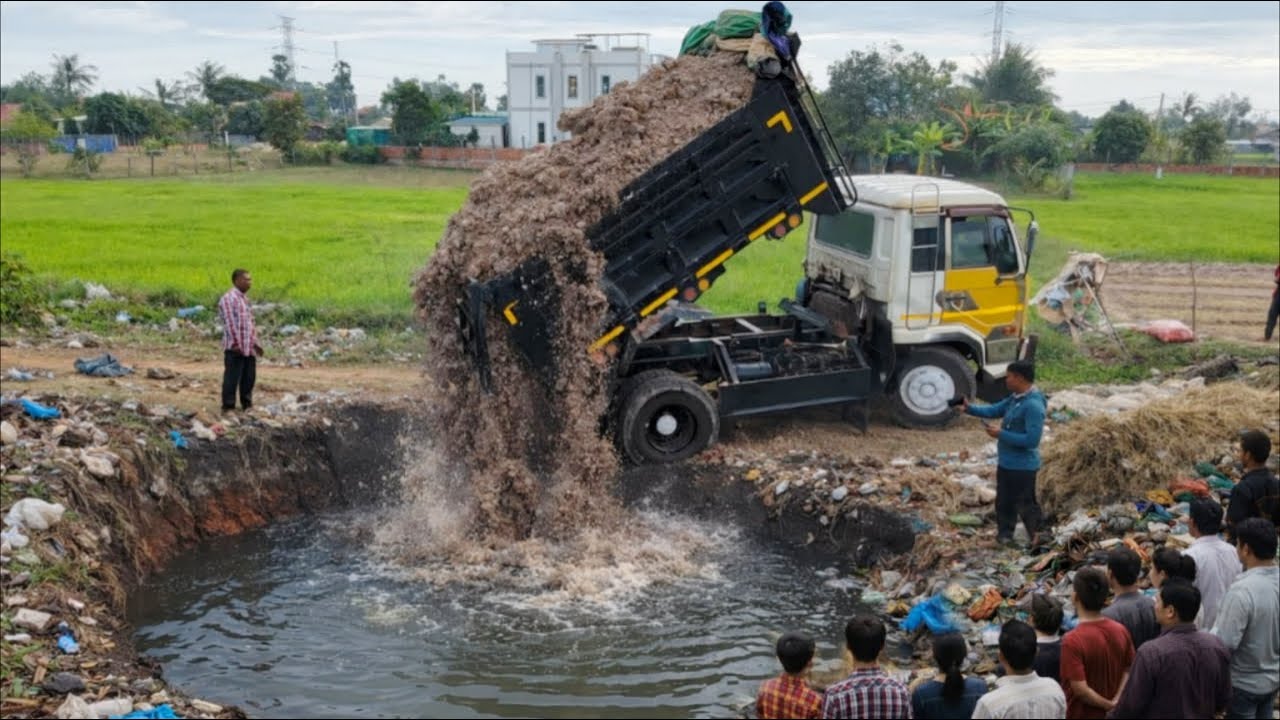 First Start New Project!! Delete Water & Clear The Trash by Bulldozer Pushing, Dump Unloading Soil