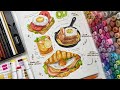 draw with me - food illustrations🥝🍳🥓🥐 using alcohol-based markers and colored pencils ₊˚✧