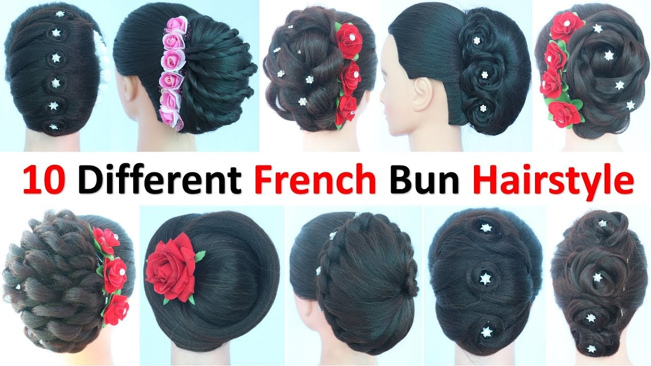 10 different french bun hairstyle || easy hairstyles || french roll || simple hairstyle || hairstyle