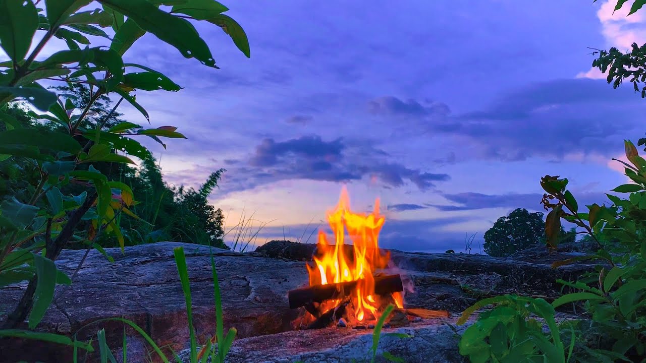 Quiet Campfire on Mountain Rock at Dusk - Relaxing Fire Sounds