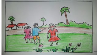 গ্রামের দৃশ্য আঁকা।। বাচ্চাদের  কানামাছি খেলার দৃশ্য আঁকা।।How to darw