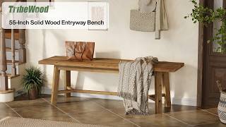 TribeWood 55-Inch Solid Wood Farmhouse Bench | Rustic Entryway & Dining Room Long Bench Seat