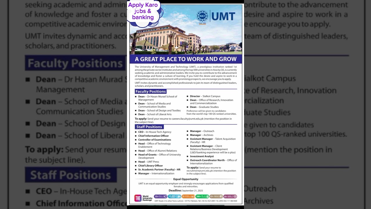 UMT University jobs 2025 || jobs in Pakistan|| works from home 