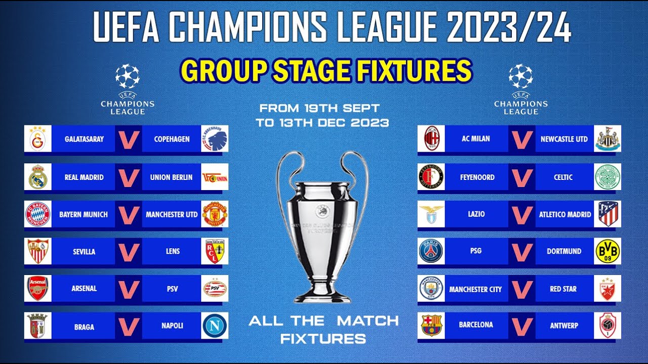 UCL FIXTURES TODAY - UEFA CHAMPIONS LEAGUE 2023/2024 GROUP STAGE FIXTURES - UCL FIXTURES 2023/24