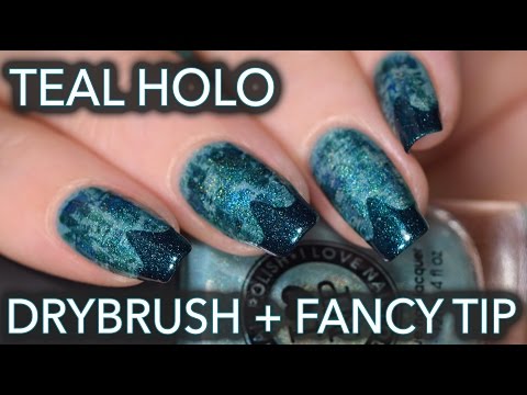 Teal holo drybrush nail art with fancy chevron tip - easy nail art!
