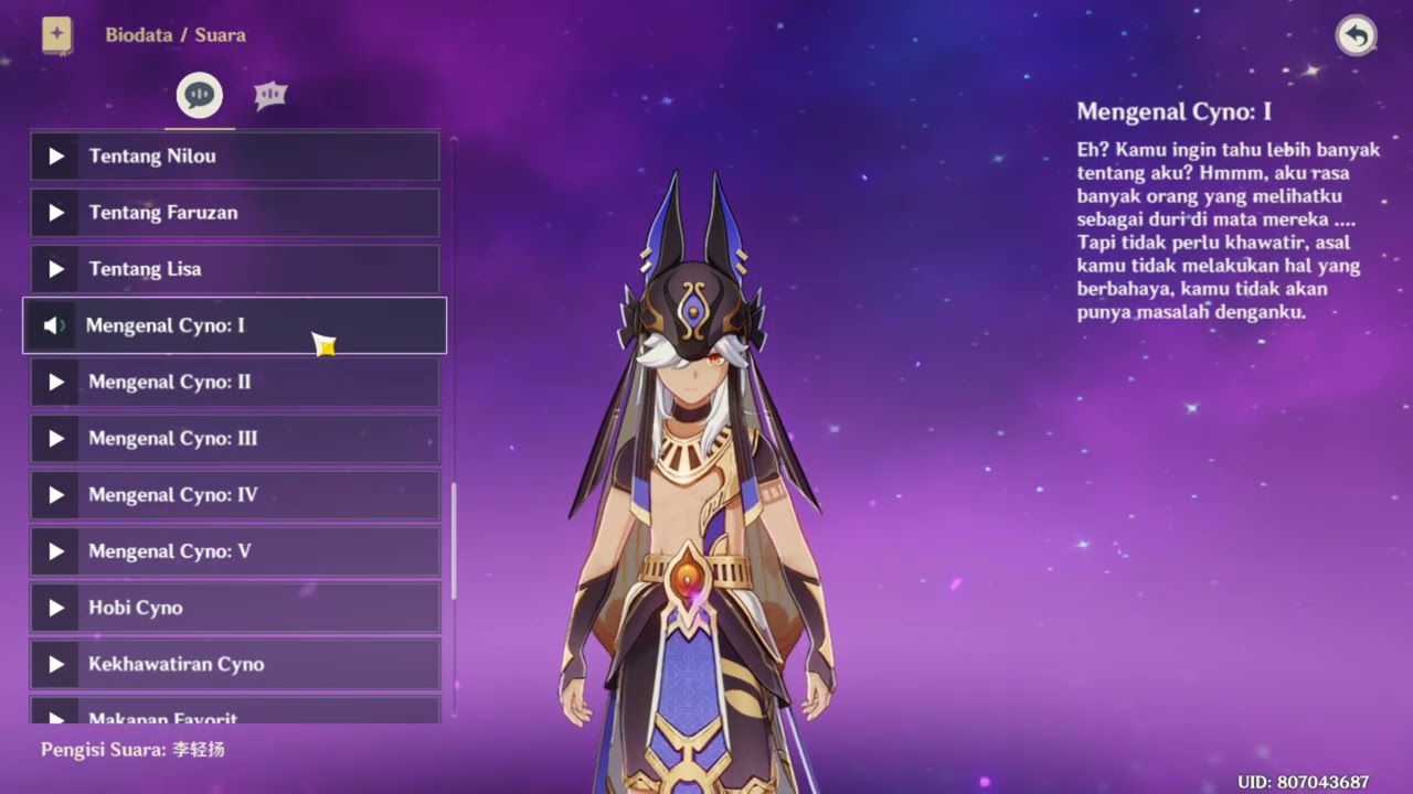 Cyno Voice Lines China Sub Indonesia Genshin Impact