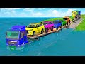 Triple Flatbed Trailer McQueen Transportation with Truck - Speedbumps vs Cars vs Train - BeamNG #20