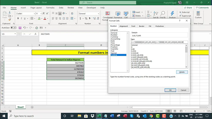 Excel: format numbers to represent Indian currency system