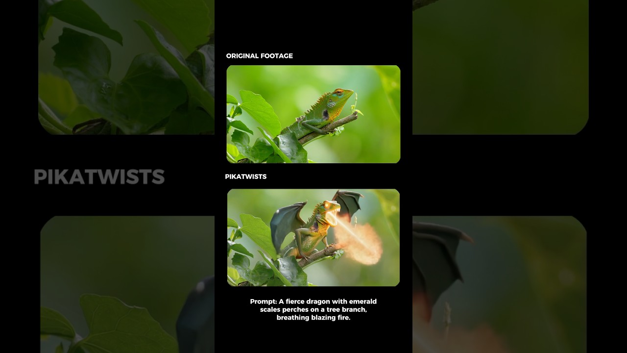 Pikatwists VFX Tools V2V by @Pika_Labs  Turn a Lizard into a Fire-Breathing Dragon with AI!
