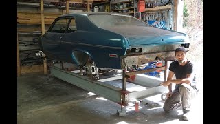 Mounting a car to a frame JIG to prepare it for the new sheet metal 1970 Nova in the shop. Episode 1