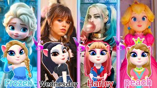 Wednesday Addams vs Frozen Queen Elsa vs Harley Quinn Margot Robbie vs Super Mario Princess Peach 