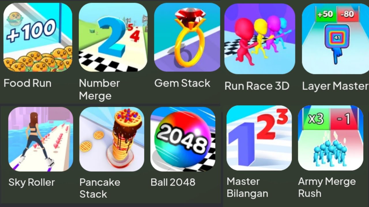 Gem Stack, Number Merge, Food Run, Ball 2048, Pancake Stack, Sky Roller