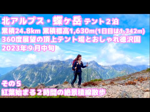 ⑤北アルプス・蝶ヶ岳テント２泊 歩行距離24.8km 累積標高差1,630m(１日目は1,342m) 360度展望の頂上テント場とおしゃれな徳沢園 2023年９月中旬 紅葉始まる２時間の絶景稜線散歩