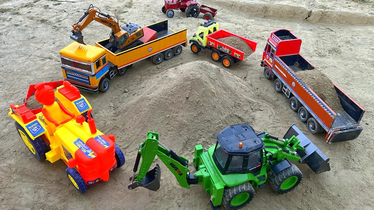 JCB 5cx fully loading river soil Tata truck and Mahindra tractor, Gadi wala Cartoon | Toys JCB