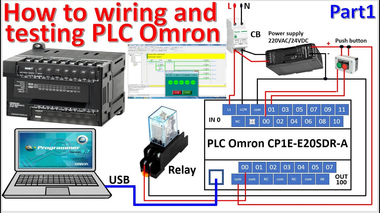 How to wiring PLC Omron CP1E E with push button start/stop and relay  control part1