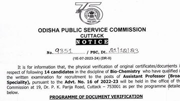 OPSC Assistant professor( Board speciality) Bio-Chemistry Document verification Notification Release