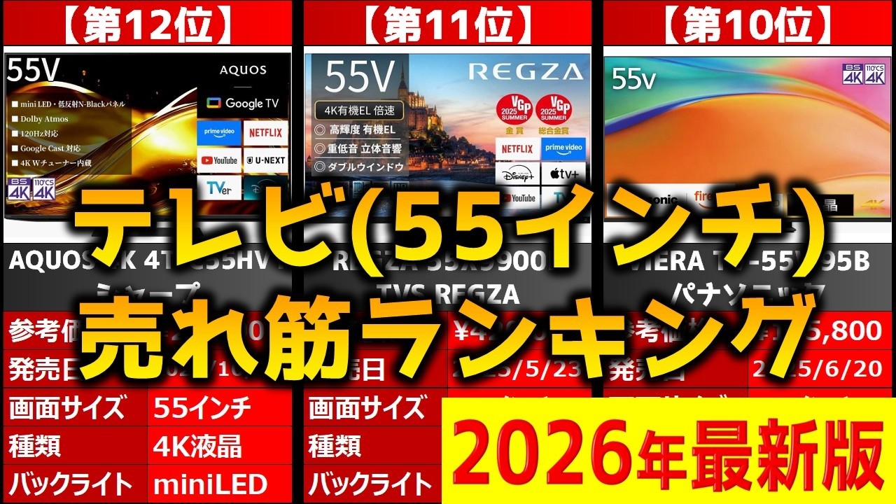 【2026年】「テレビ(55インチ)」おすすめ人気売れ筋ランキング20選【最新】