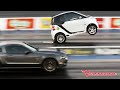 WILD WHEELSTANDING BLOWN SMART CAR GIVES SHELBY MUSTANG A SCARE!