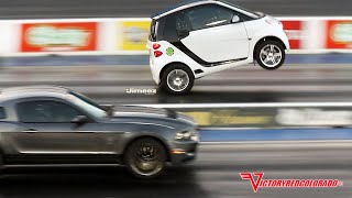 WILD WHEELSTANDING BLOWN SMART CAR GIVES SHELBY MUSTANG A SCARE!