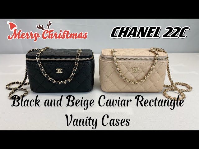 For Sale! Chanel 22C Black and Beige Caviar Rectangle Vanity Cases with  Champagne Gold Hardware 