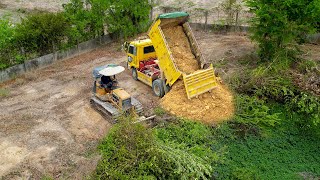 Best New Project!! Delete Pond Fill Land Up By Mini Bulldozer Pushing & Dump Truck Unloading