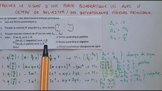 Le Critère De Sylvester Mineurs Principaux Pour Trouver Le Signe Dune Forme Quadratique - Méthode