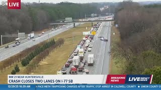 Jackknifed tractor-trailer closes 2 lanes on I-77 South in Huntersville: NCDOT