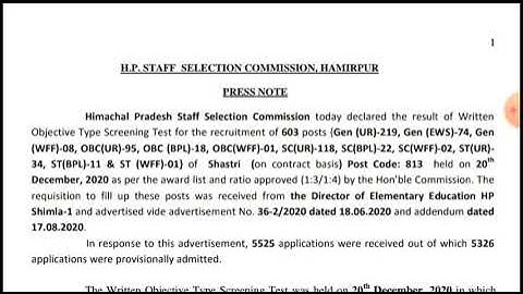hpssc //result of SHASTRI COMMISSION 2021//post code 813// Date of evaluation process also //