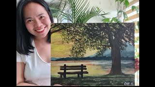 Sunset Lake with a Bench/ Painting Tutorial Using Acrylics by Cheryl Navarro