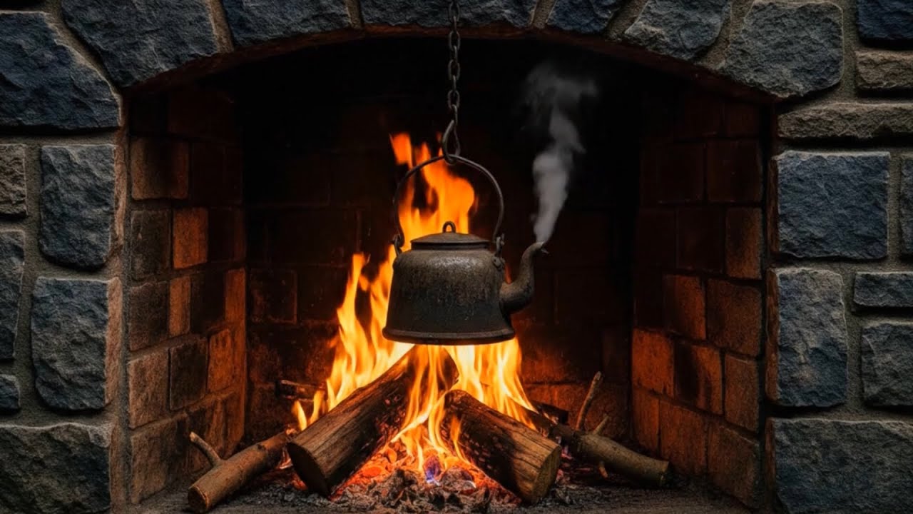 Cozy & Relaxing Stone Fireplace Ambience with a Gently Boiling Kettle , Deep Relaxation & Calm 🔥