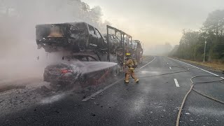 Car hauler bursts into flames on U.S. 301 in Alachua County