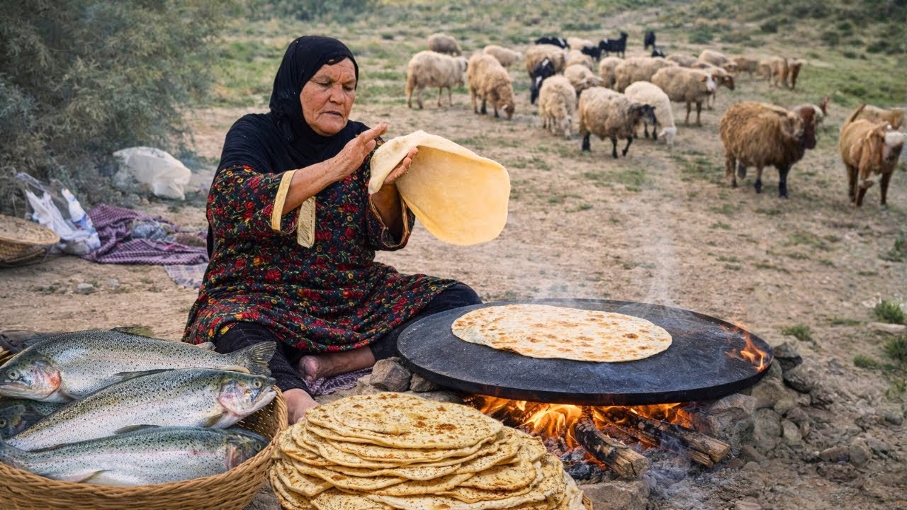 قصة الجدة في القرية جنوب إیران : تشوي السمك  وتخبز الخبز الصاجي على نار الحطب 🐟🔥🍞