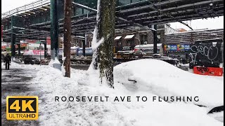⁴ᴷ⁶⁰ NYC Snow Storm Walk |  Long Walk from Roosevelt Ave to Flushing (Chinatown)