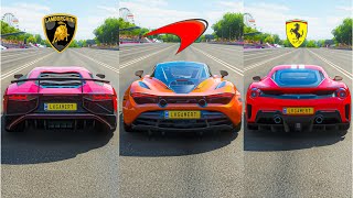 FH4 Drag Race: Lamborghini Aventador Sv Vs Ferrari 488 Pista Vs Mclaren 720s