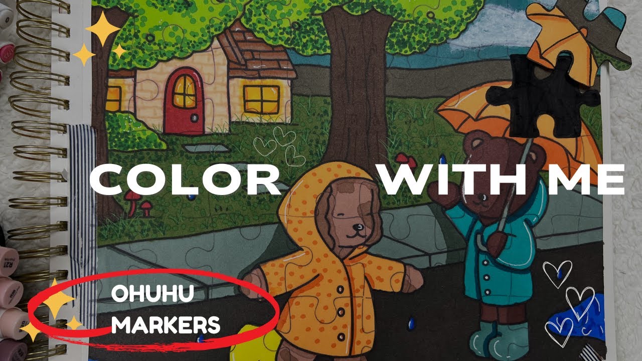 Coloring with Ohuhu Markers 🎨 | Bobbie Goods 🐻✨ Cute Rainy Day Puzzle Style Scene 🌧️ #coloringASMR