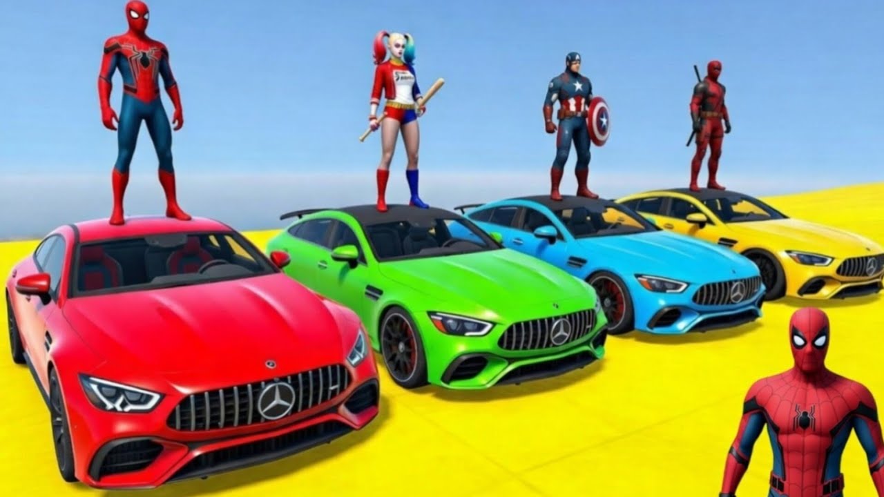 MERCEDES GT63 Ramp Challenge JUMP  IRONMAN vs SPIDERMAN vs DEADPOOL - GTA V Superhero Mods