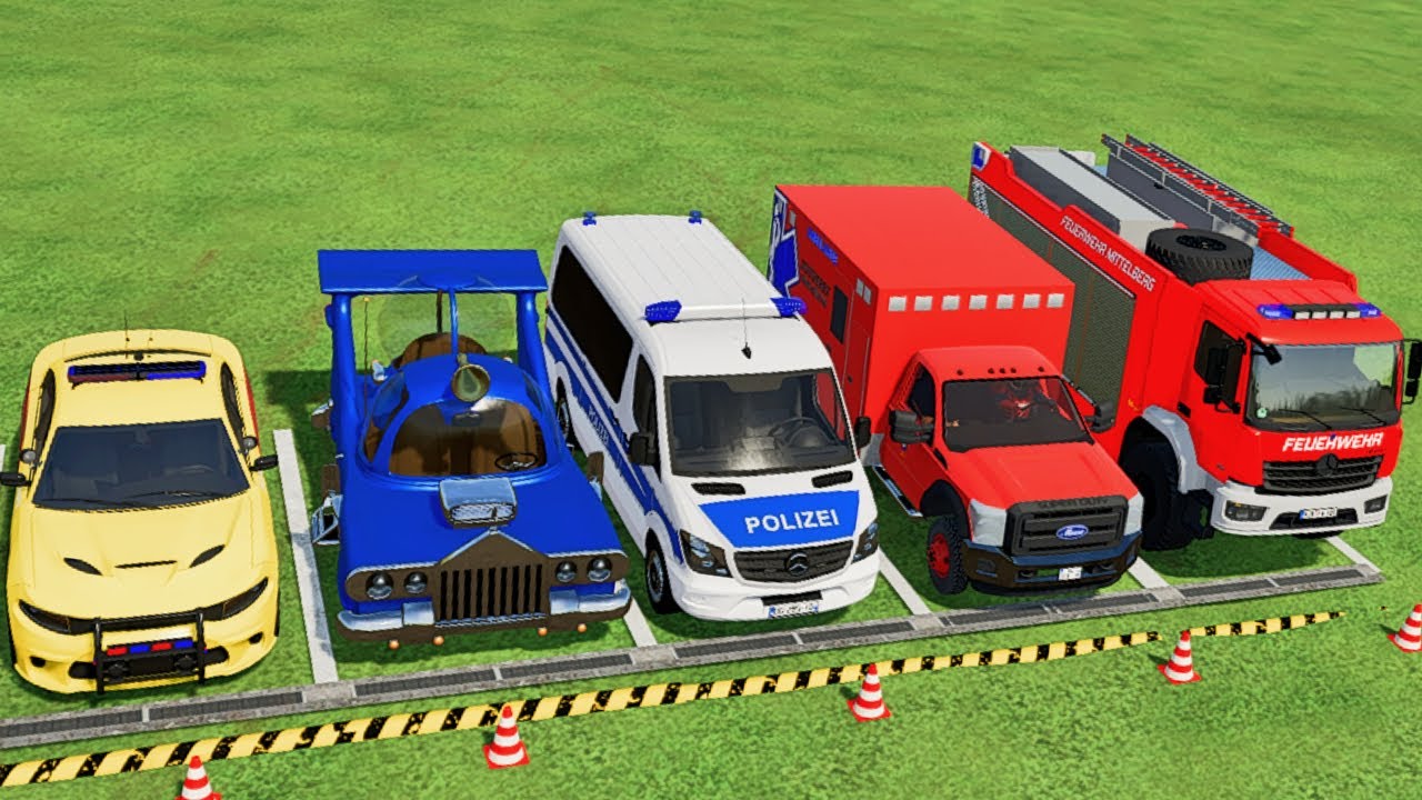 TRANSPORTING CARS, AMBULANCE, POLICE CARS, MOTORCYCLE, FIRE TRUCK OF COLORS! WITH TRUCKS! - FS 22